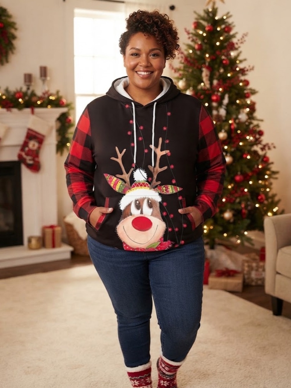 Festive 3D Reindeer Graphic printHoodie featuring Buffalo Plaid Sleeves 6X